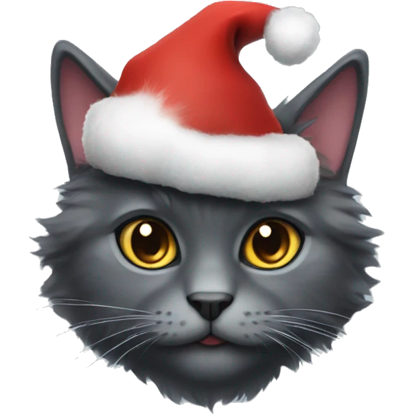 Fluffy dark grey cat wearing Christmas hat emoji