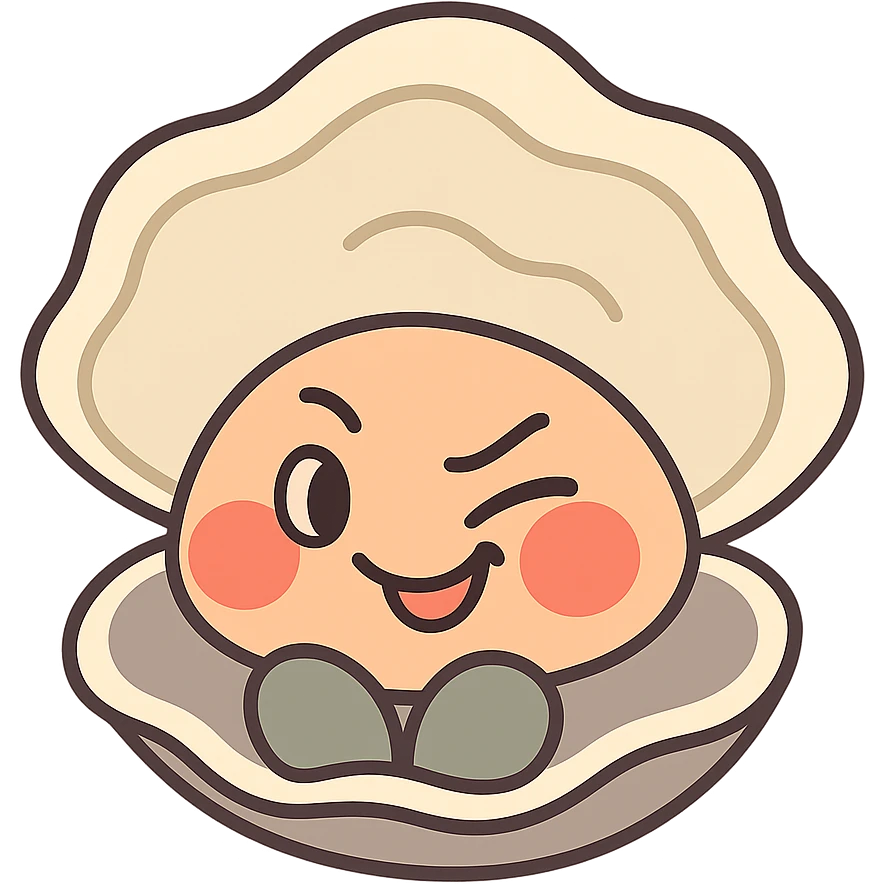 Create a cute oyster with a winking and malicious expression, very red cheeks, inspired by the reference image. Use pastel toon style with cream, greige, and peach colors. Make the background transparent. emoji