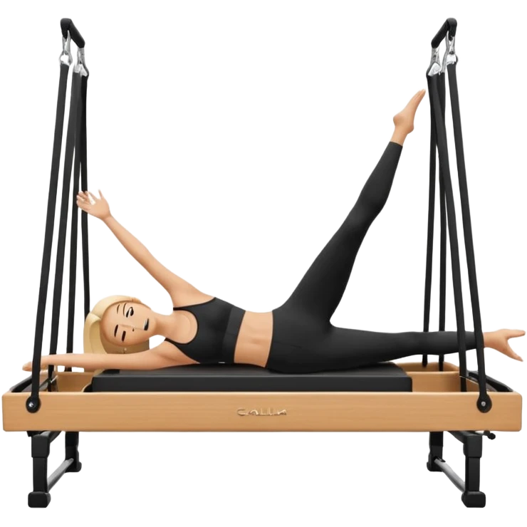 Minimalist, flat-design style emoji of a person doing pilates on a cadillac reformer, hanging upside down with legs open in a split position emoji