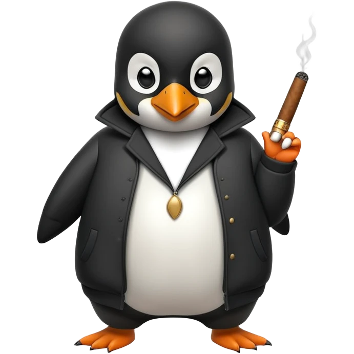 friendly anthropomorphised penguin wearing a mafia-style tracksuit, holding a cigar, confident pose, scheming soprano vibe emoji