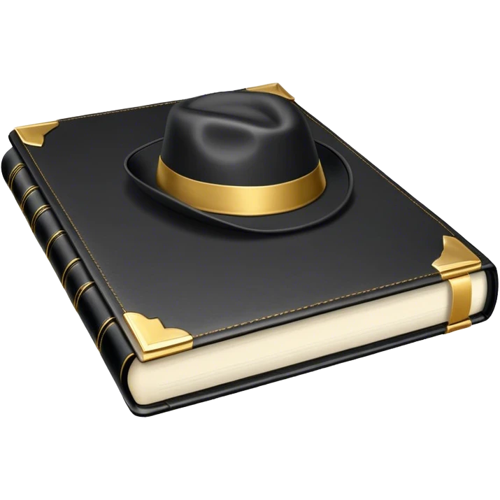 A sleek black book with gold accents, a polished leather texture, and an embossed symbol of a man tipping his hat, a deck of cards, or a golden key, radiating charisma, strategy, and the mastery of social dynamics. emoji
