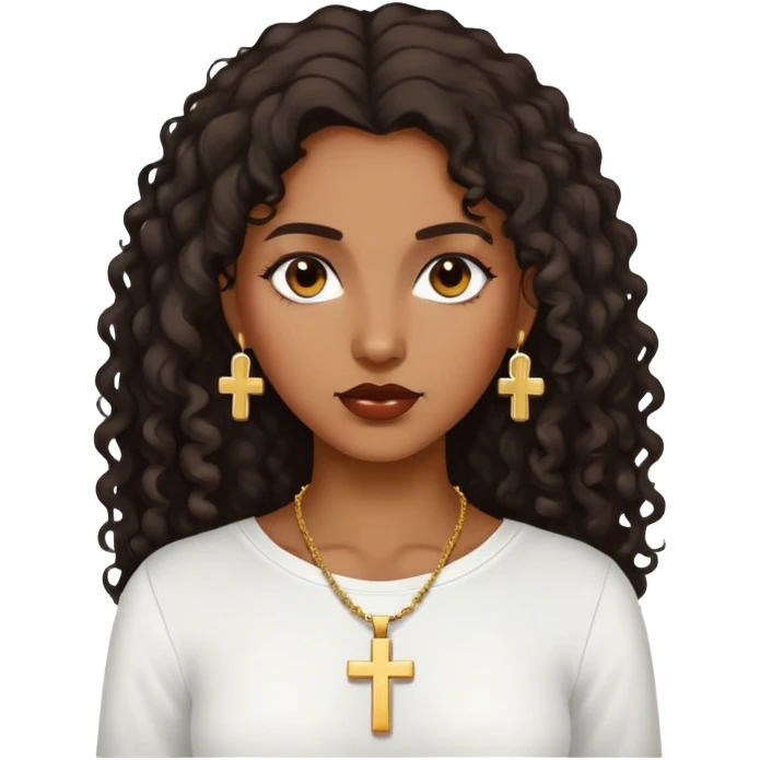 Dark Brown woman with dark curly long hair white shirt with gold small cross necklace emoji
