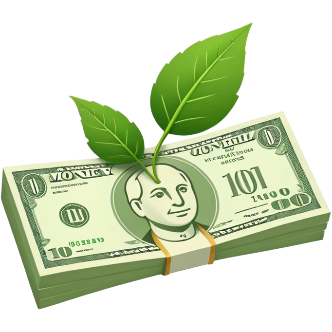 Minimal line-art icon of a money bill with a leaf symbol on the corner, clean modern style, simple outlines, slight 3D, no background, transparent, represents pure and ethical income. emoji