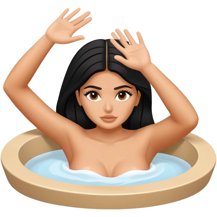 Kylie Jenner in jacuzzi with one hand raised up and other hand holding onto the edge of the jacuzzi emoji
