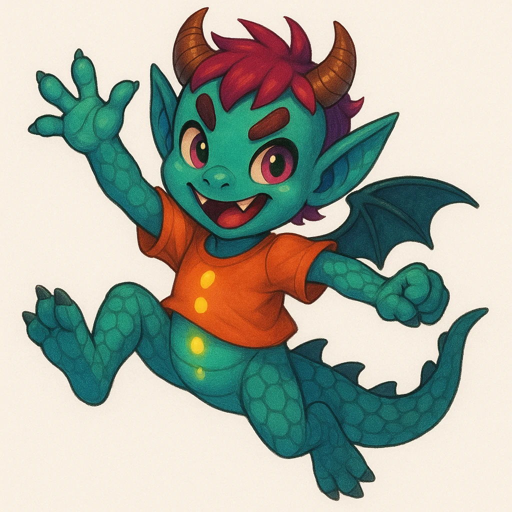 Give the kid a playful, energetic pose while keeping the blend of 60% dragon (scales, wings, tail), 20% demon (horns, mischievous eyes), and 20% alien (unusual skin color, glowing accents). emoji