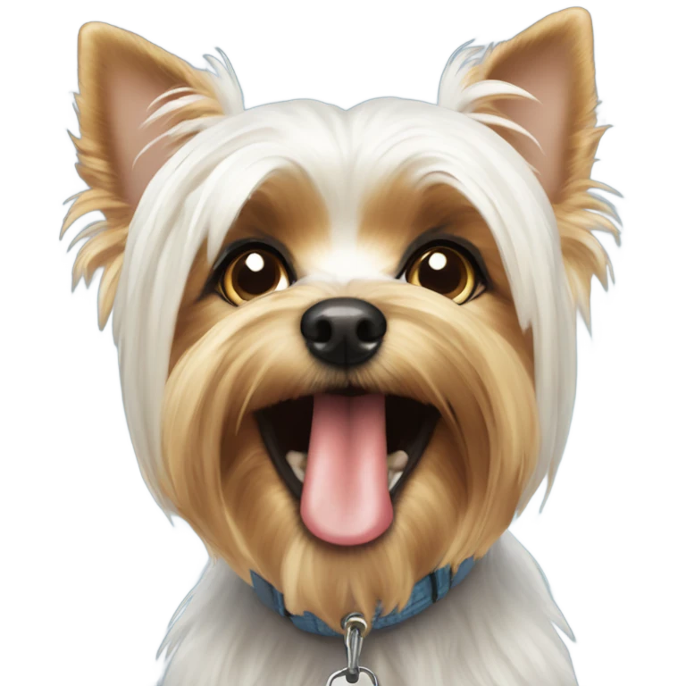 White Yorkie, begging for a treat while having a treat in its mouth emoji