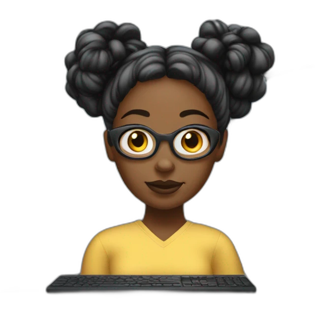 A black woman with space buns behind a computer screen, working in the field of technology emoji