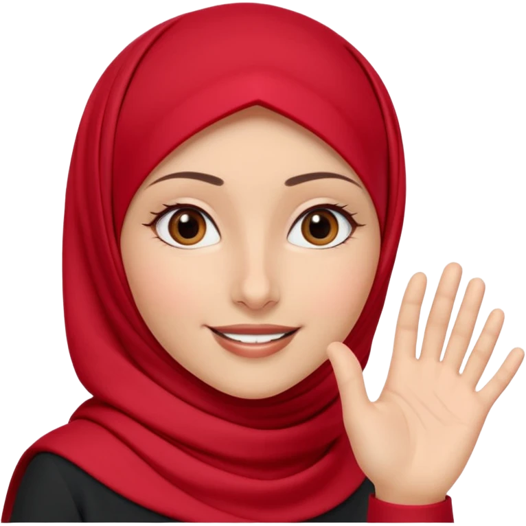 The character gently waves her hand in a slow friendly motion, warm welcoming smile, soft sparkle animation around her, red hijab accents flowing slightly, calm and kind expression, text below in rounded 3D font: “Assalamu alaykum”
🎞 Animation idea: hand wave + eye blink emoji