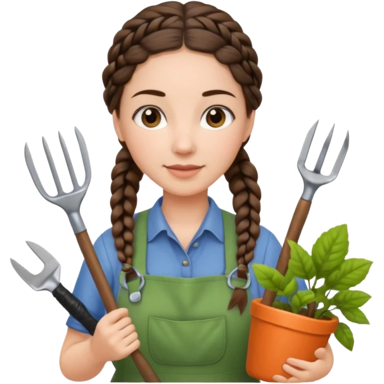 Brunette female gardener with braids holding tools emoji