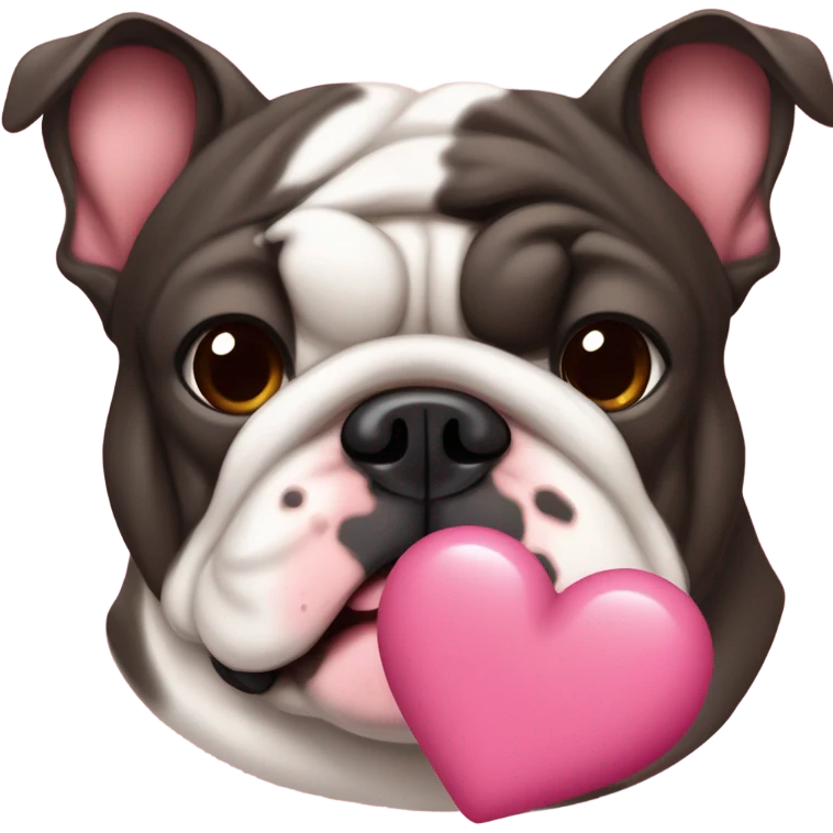 Crea un bulldog francese di colore fulvo che è una femminuccia e che ha un musino nero ma sul tartufo del naso a una macchiolina a forma di cuore Rosa emoji