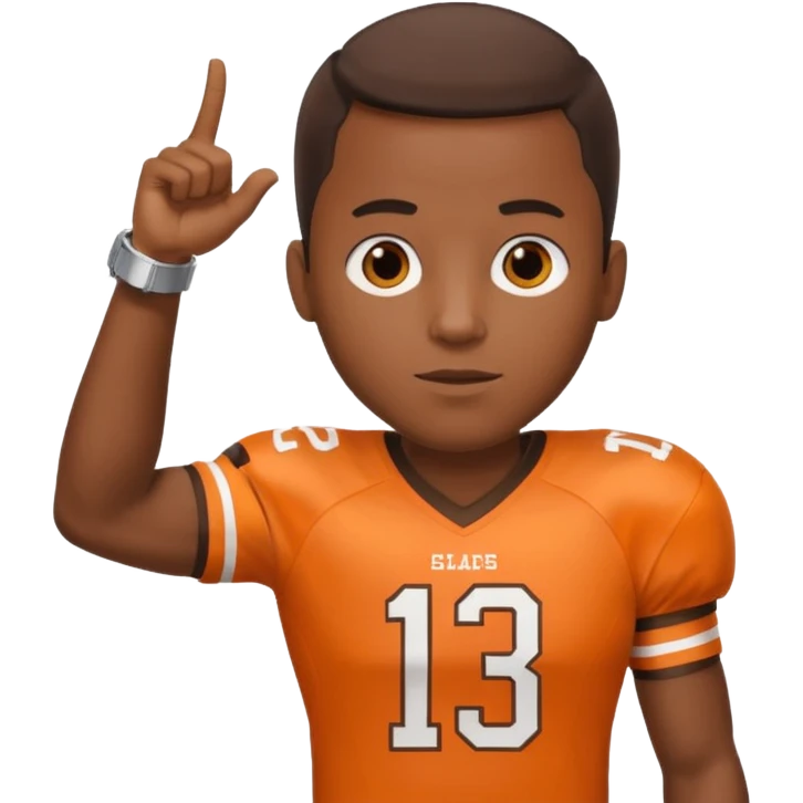 Black man in a brown and orange football jersey holding up his left arm with a watch on, pointing at the watch with his right hand emoji