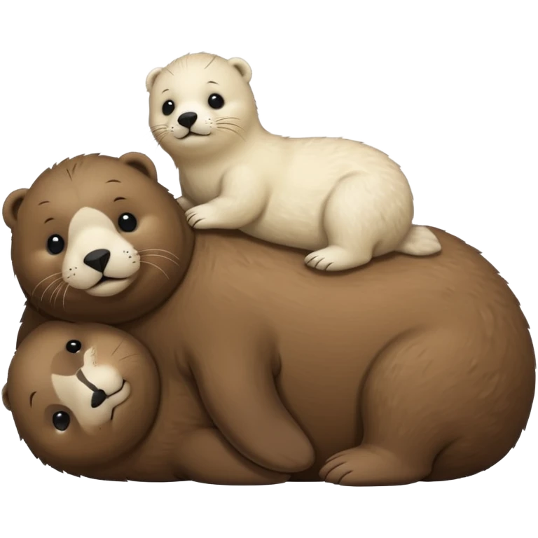 tiny white seal laying on a big brown bear’s belly emoji