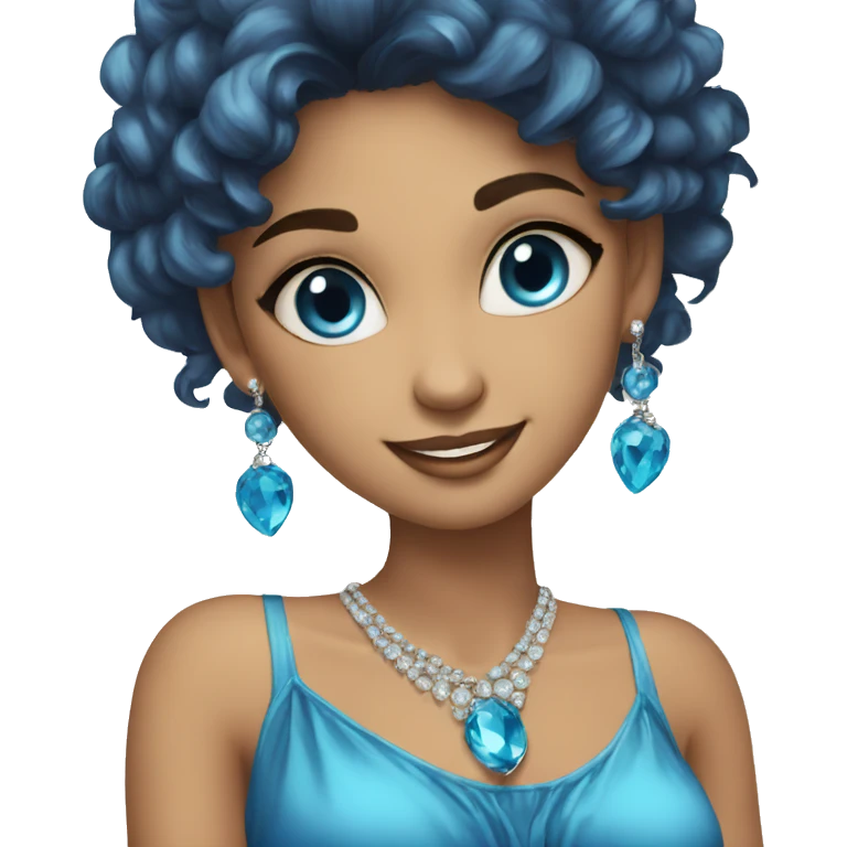 girl with earrings and jewelry, Eroupean, waters, blue dress happy blue eyes, emoji