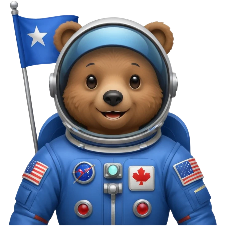 black bear in space suit, holding blue rectangle flag emoji