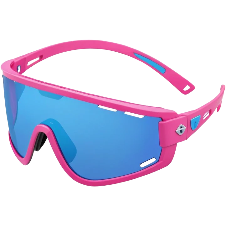 sporty pink shield visor sunglasses with thick ventilated frame, racing style air vents, massive build, one-piece blue tinted lens emoji