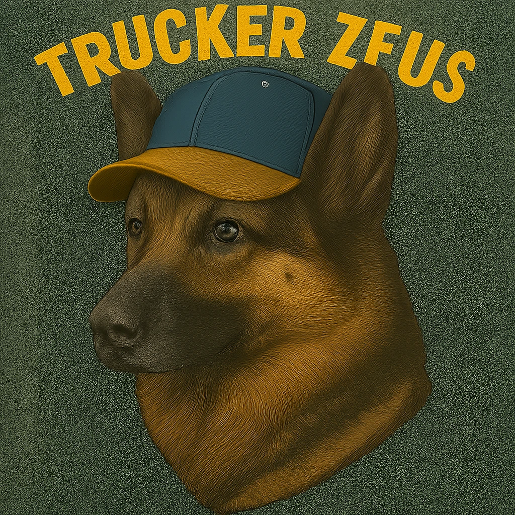 Reduce the image file size as much as technically possible, even if it lowers image quality, while keeping the background fully transparent, the realistic German Shepherd, and yellow 'Trucker Zeus' text. emoji