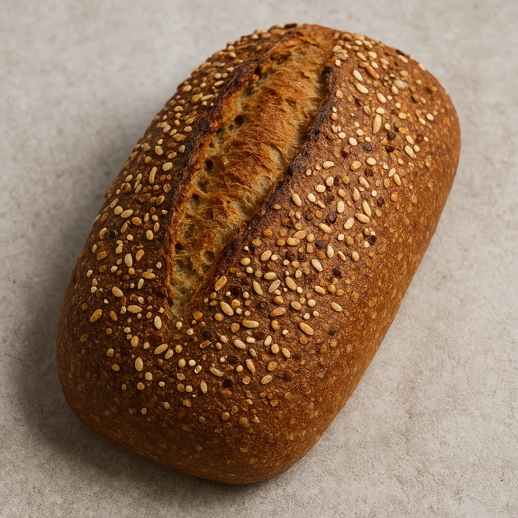 whole loaf of whole wheat bread with quinoa and rice, golden crust, rustic appearance emoji