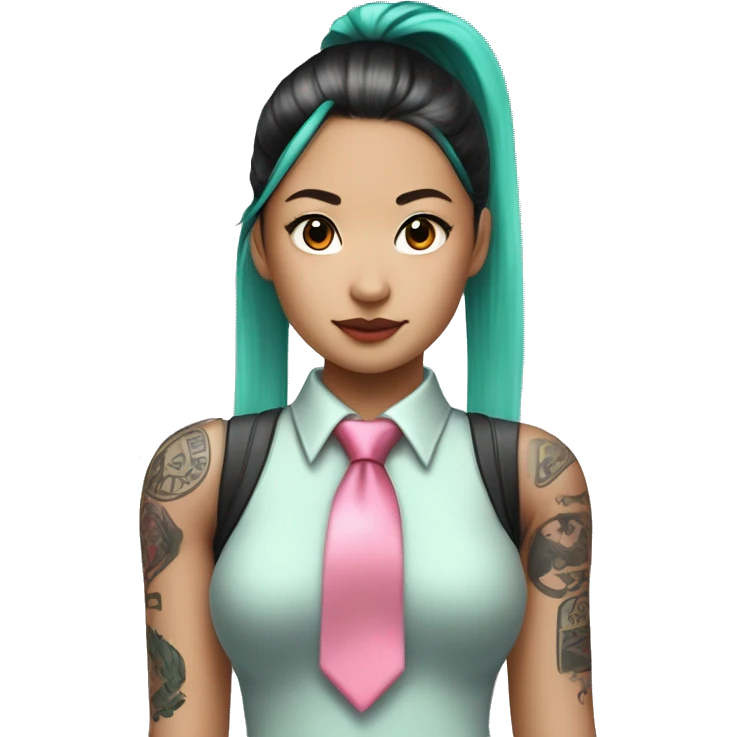 An Asian girl with long mint colored twin ponytail wearing a sleeveless silver shirt, a mint colored tie, and a black flared arm sleeve with a red 01 tattoo on her left arm has a pink square with a black border running through each ponytail emoji