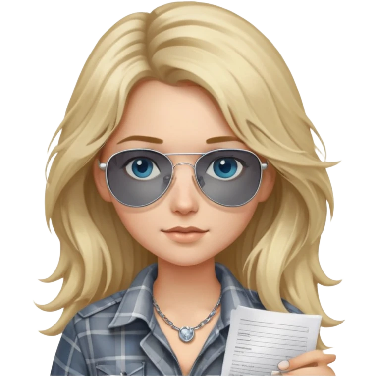 girl with long blond messy hair wearing grey plaid shirt with blue eyes and aviator sunglasses wearing a ring on her silver necklace, holding lawyer papers emoji