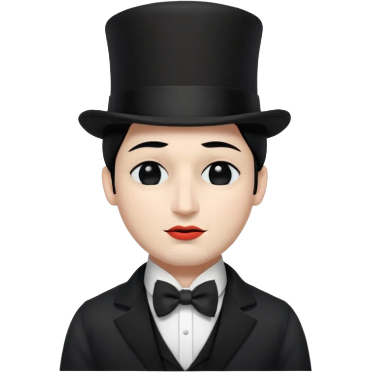 A man with snow white skin, a black half mask with an eye hole, a black top hat, a black vest with a black tie tucked underneath, and a white collared shirt. Closed eyes. emoji