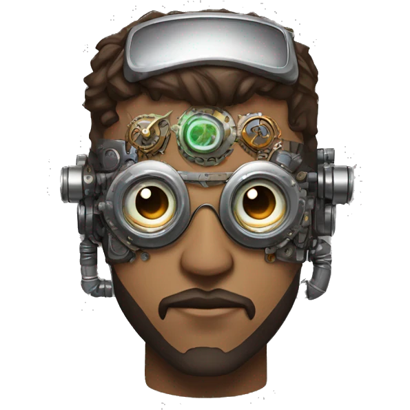 Brown short hair male cyborg head with silver steampunk goggles, brown beard and circuits emoji