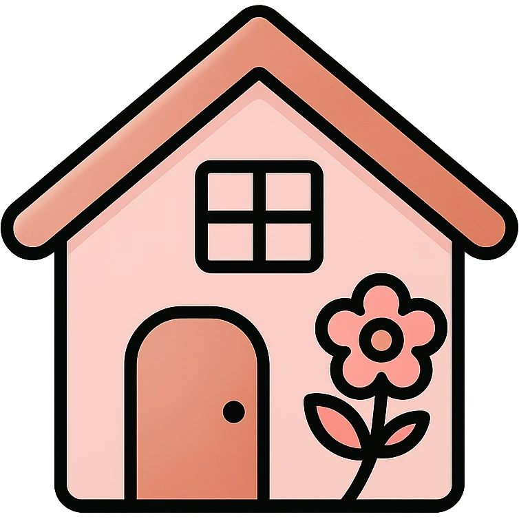 vector icon of a feminine home in rose gold and blush pink, flat minimal design, soft glow, white background, with a subtle floral detail emoji