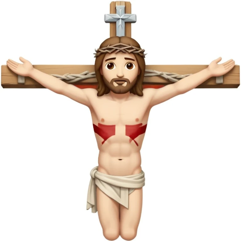 Serene emoji-style icon of Jesus crucified, arms outstretched, nailed to a plain cross, peaceful and compassionate expression, soft color palette, minimal details, body in proportion, sacred and humble, not cartoonish emoji
