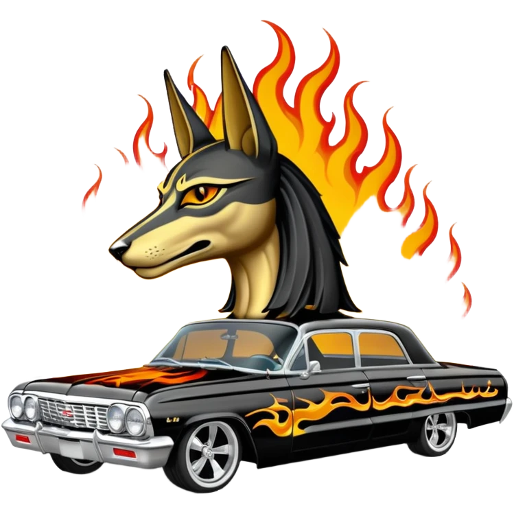 Satans Hot rod custom 1964 impala low rider four door Anubis theme painted hood flaming side-mounted chrome exhaust pipes driving straight to hell  emoji