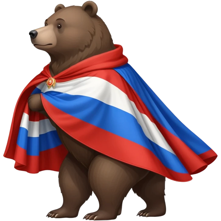 Medium-dark brown bear on all four legs with Russian flag (white, blue, red horizontal stripes) draped over its back like a cape or cloak, flowing slightly, side view emoji