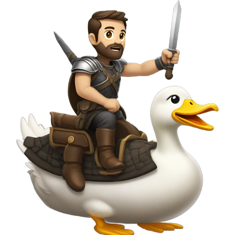 Confident armored White Man with dark brown hair and a short beard pointing forward with one arm yelling a battle charge while riding on the back of a giant duck emoji