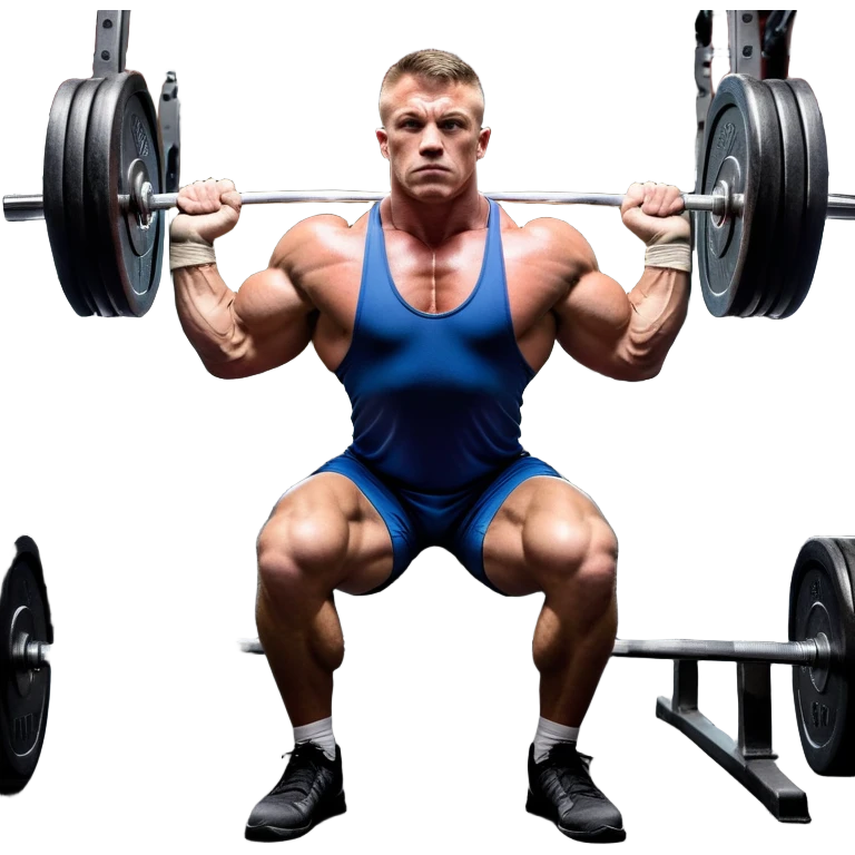Powerlifter lifting a heavy barbell in a dramatic display of strength, muscles flexing under the pressure. The focus is on the lifter's intense effort and the heavy weights on each side. The background features a gym with weights and equipment, emphasizing the raw power of the sport.  emoji