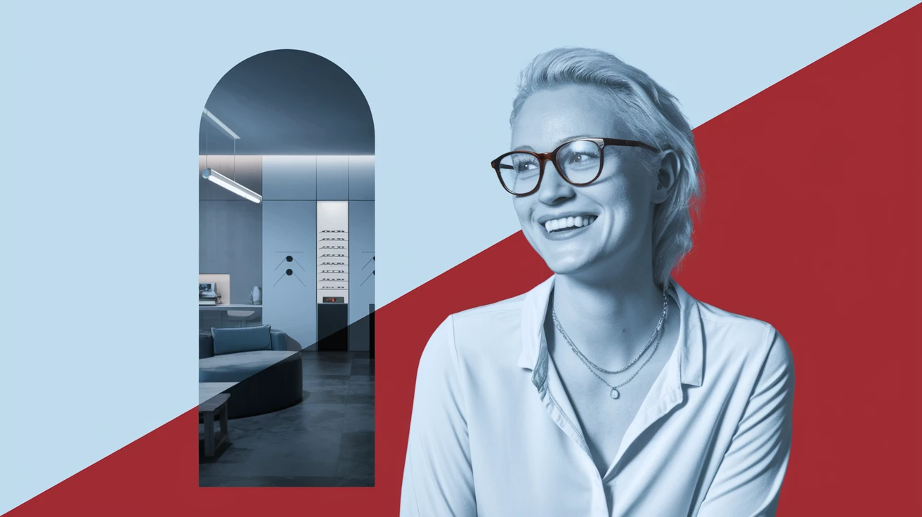 Cinematic still, Proffesional advertising of a smiling european white woman with glasses smiling, minimalistic ophthalmologist interior in background, leading  lines, "rule of thirds", 60/30/10 colors, soft light, blue and red emoji