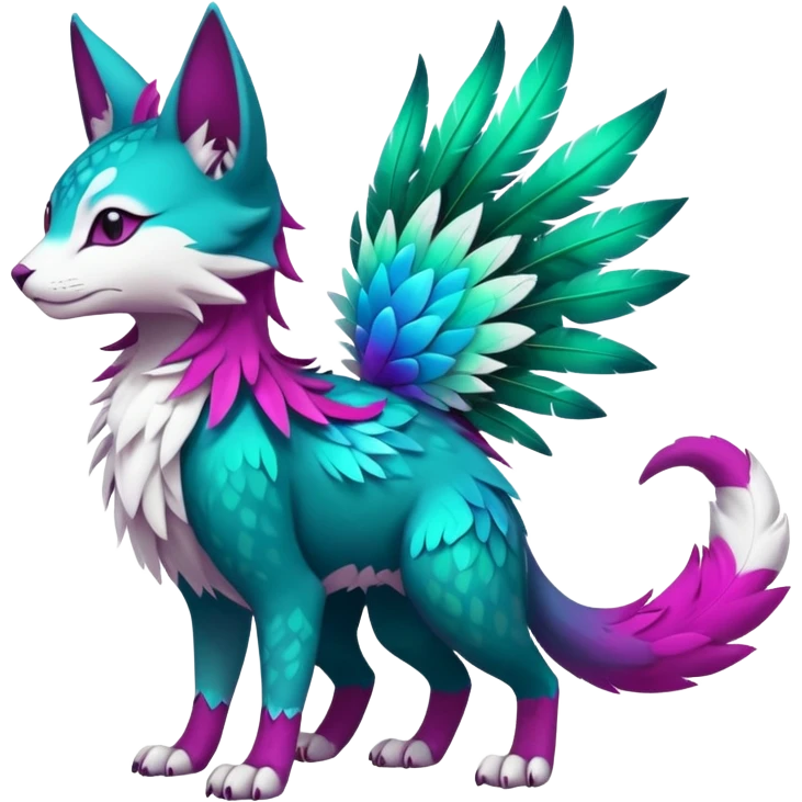 Kawaii cute colorful iridescent deep-dark-turquoise-green and magenta and white beautiful pretty elegant divine edgy feline-vernid-sergal-Fakémon-Pokémon-fursona-animal-creature with accessories, full body, with intricate detailed markings, feathers emoji