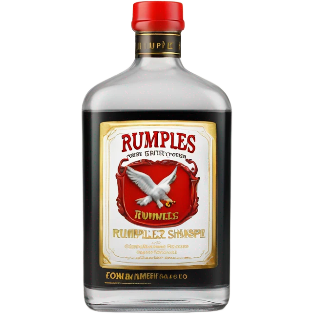 clear bottle of rumpleminze clear peppermint schnapps alcohol with a black label that has a red border and red font and the label also has a small gold eagle on the label that says “rumples” emoji