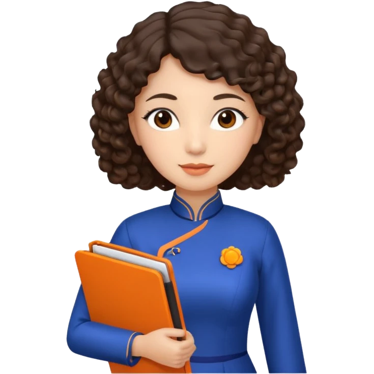 Teacher emoji but : curly/wavy dark brown hair, light skin, no glasses, dark eyes, with a computer folder in the hand (color is orange), being a teacher, wearing a chinese qipao ( dark blue)

 emoji