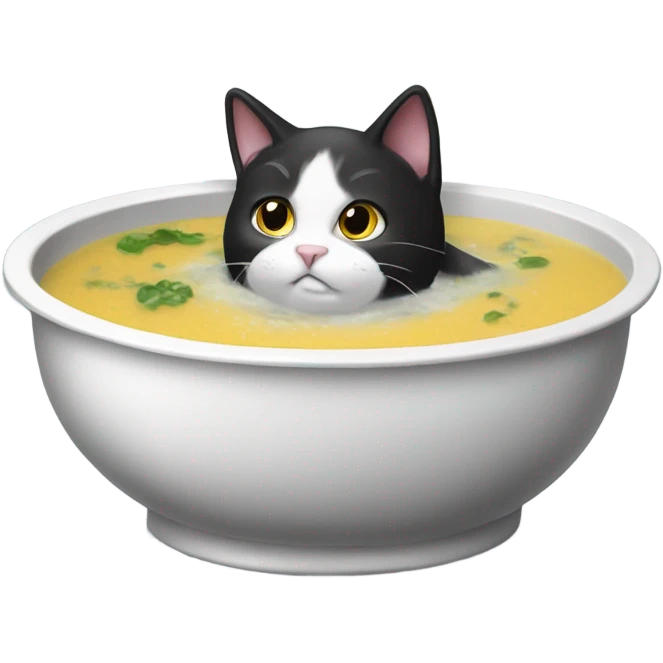 a tuxedo cat bathing in soup emoji