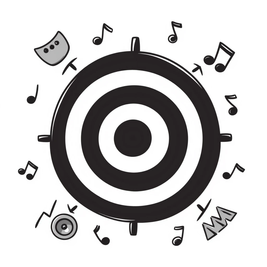 symmetrical target with musical marketing elements such as musical notes, speakers, growth charts, doodle style, square emoji format, suitable for online course cover emoji