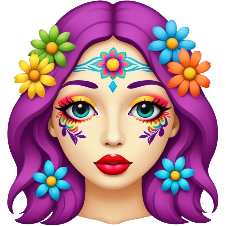psychedelic colored lips with hippie style flowers emoji