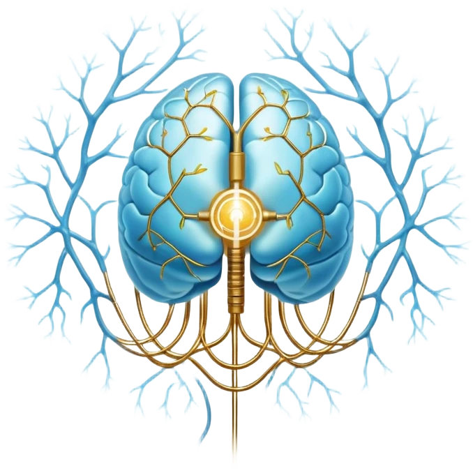 Pearlescent and light blue floating capsule suspended in front of an ethereal brain illuminated by golden electrical pulses branching into a neural network pattern, awakening lucidity. A soft light also surrounds a small liver symbol, all rotating in an aura of focus and internal connection emoji