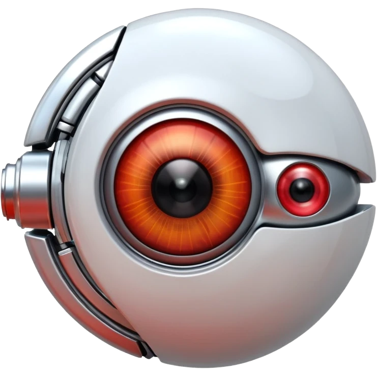 3D render of Robotic Eye, futuristic cyborg aesthetic, fusion of organic skin and chrome metal, white eyeball with a glowing red camera lens iris, exposed wiring, Apple emoji style, isolated on white background --v 6.0. emoji