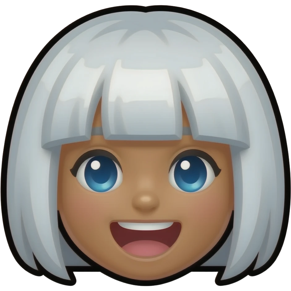 Chibi pixelated head icon of a girl laughing white white short hair blue eyes pixel eyes and brown skin emoji