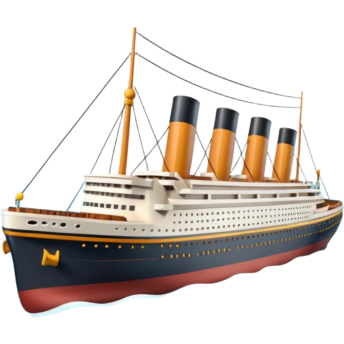 A 3D emoji of a Titanic ship in Apple style, glossy and smooth surface, bright clean colors with subtle shading, simple and minimal details, no face or expressions, floating on calm ocean, soft shadows, high-quality render, isolated on white background.


 emoji