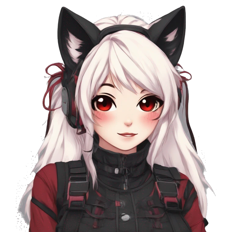 Gorgeous gothic dark techwear anime style anthro cat furry sona with blushing face aesthetic and pretty edgy black red punk messy ponytail hair with collar and harness trending style emoji