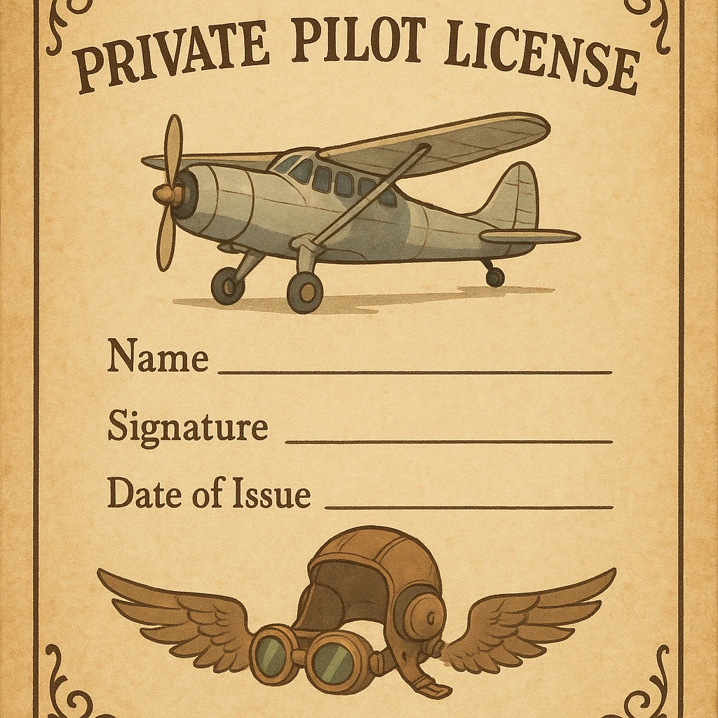 vintage-inspired private pilot license with a parchment background and classic aviation motifs emoji