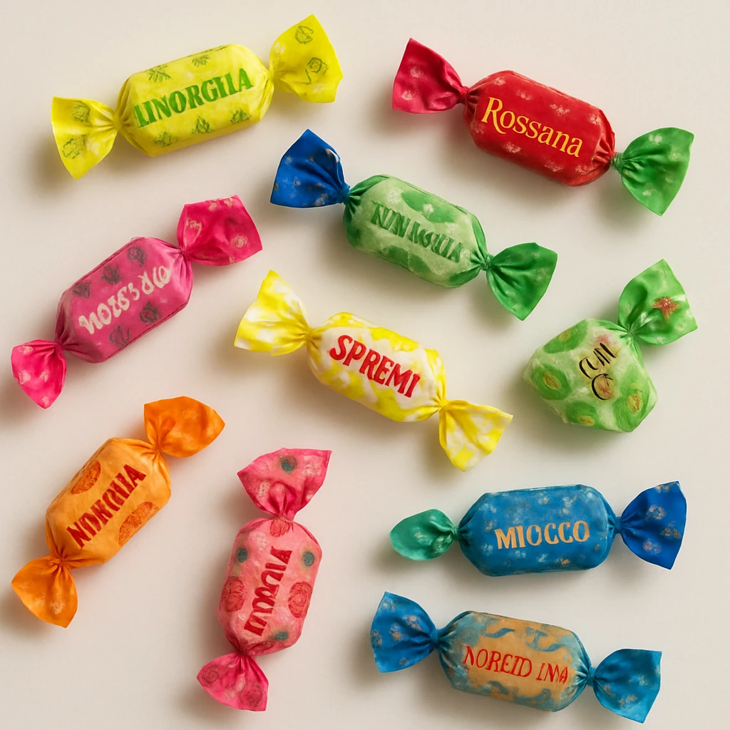realistic photo of colorful individually wrapped Italian candies on a light background emoji