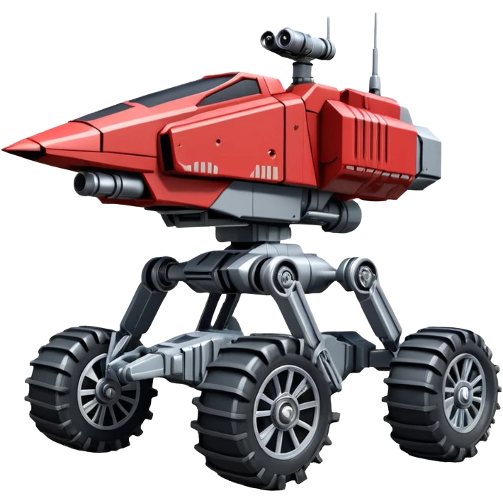 Star Wars jumping 8-wheel armored canine sporty self-balancing massive mech trail vehicle shooting motor-in-wheel side-hill leaning actively robotically articulating hydraulic independent suspended pod gimbal enemy mech off-road racing rover with large fast engine basher crawler megatron  emoji