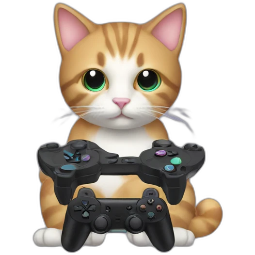 Cute cat holding a black ps controller and playing video games emoji