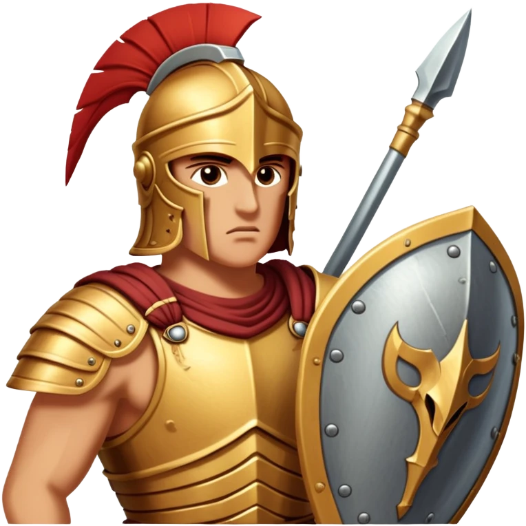 Cinematic-realistic Achilles emoji portrait fearlessly on the battlefield of Troy. His trojan armor gleams , each intricate engraving telling tales of his past glories. His piercing gaze locks onto his foe, his grip tightening around his spear.  emoji