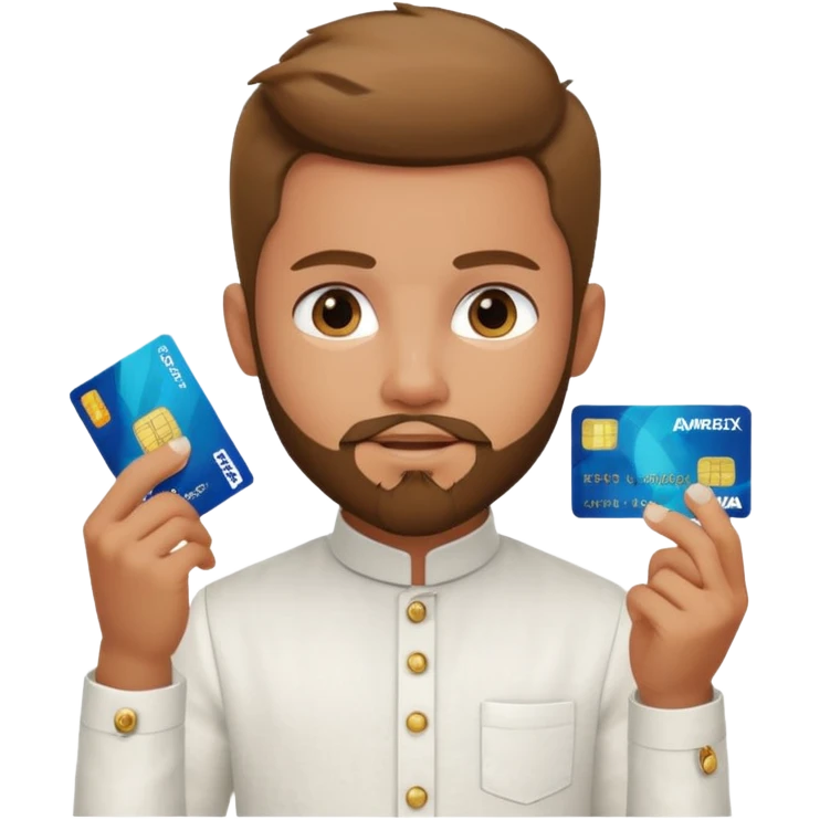 generate a pretty bratz boy wearing a white linen mandarin collar shirt with an amex card in hand. bearded emoji