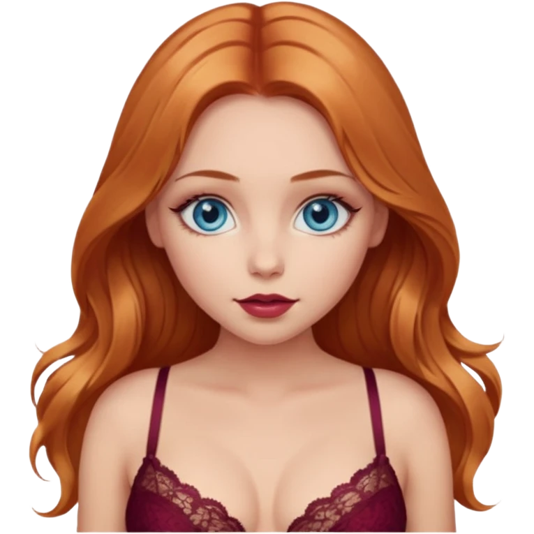 A beautiful blue-eyed girl with long copper-blond hair, full lips, large eyes, and a burgundy lace bra through which her nipples are visible emoji
